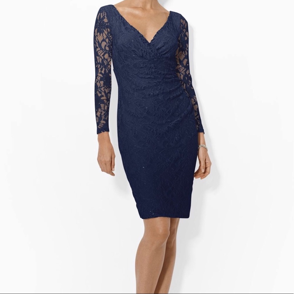 Blue Lauren Dress V Neck Stretch Lace
